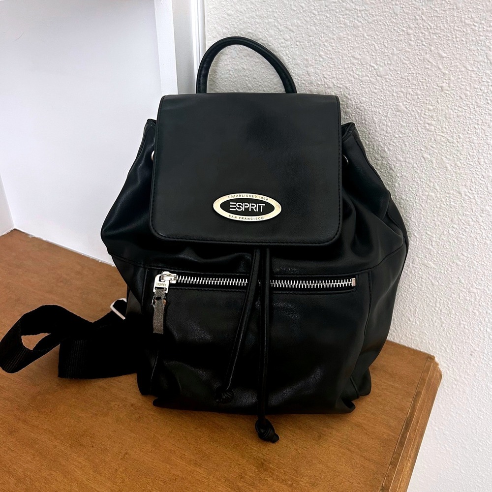 Vintage Y2K Esprit Black Faux Leather slouchy Backpack 90s grunge festival party